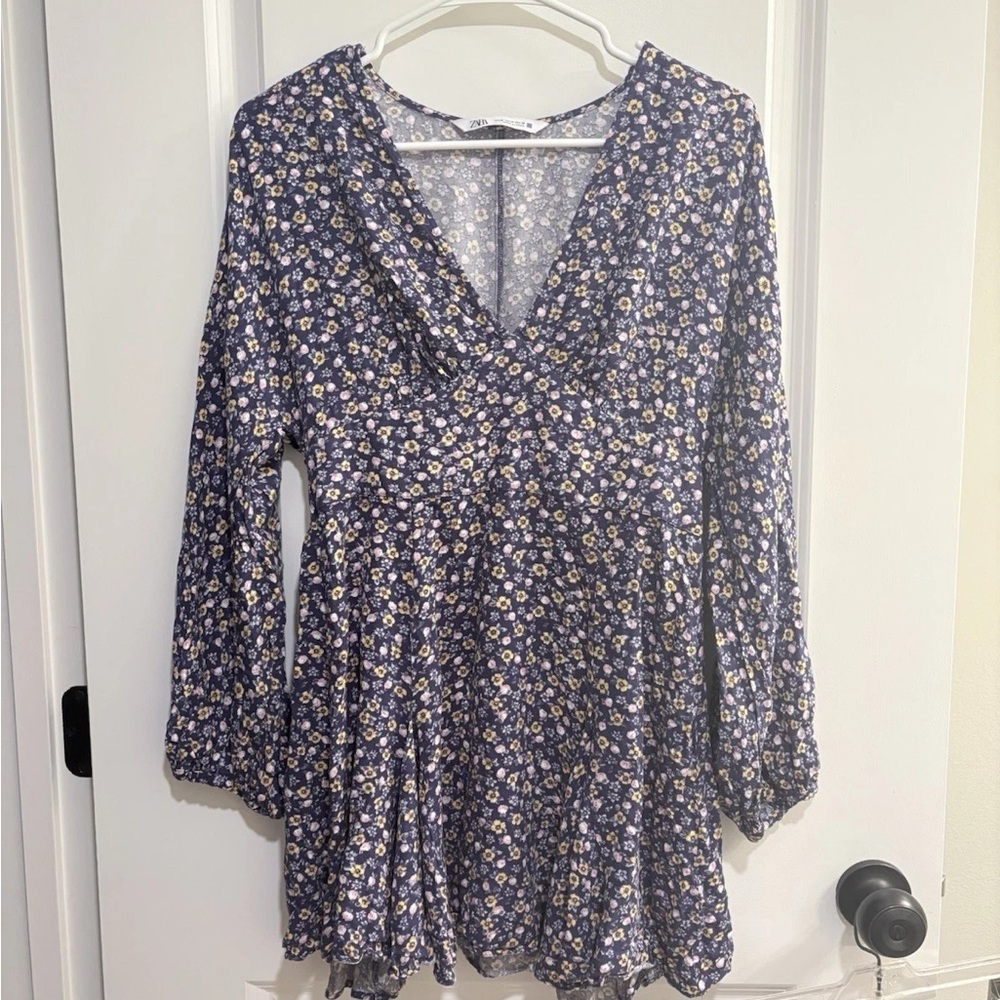 Zara Navy Floral V-Neck Mini Dress